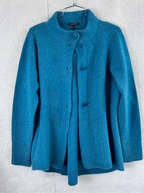Eileen Fisher Peacock Blue Lambswool and Cashmere Blend Button Cardigan Size Med